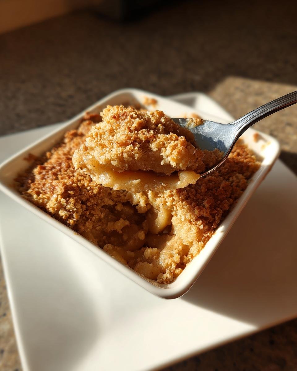 A spoonful of warm Apple Crumble is lifted from a white square ramekin showing the soft filling and crunchy topping.