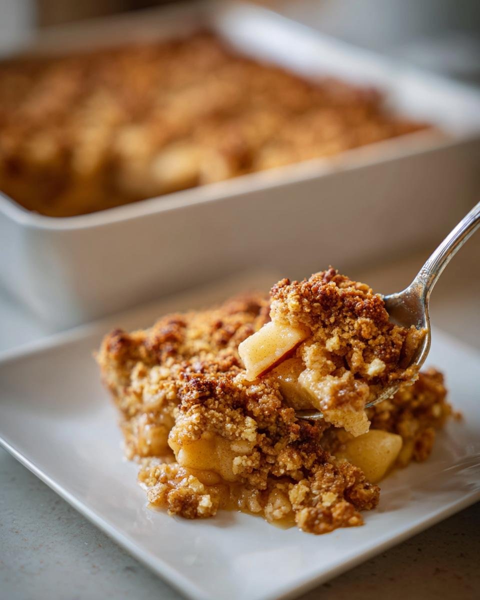A spoonful of warm Apple Crumble with chunky baked apples being lifted from a serving on a white plate.