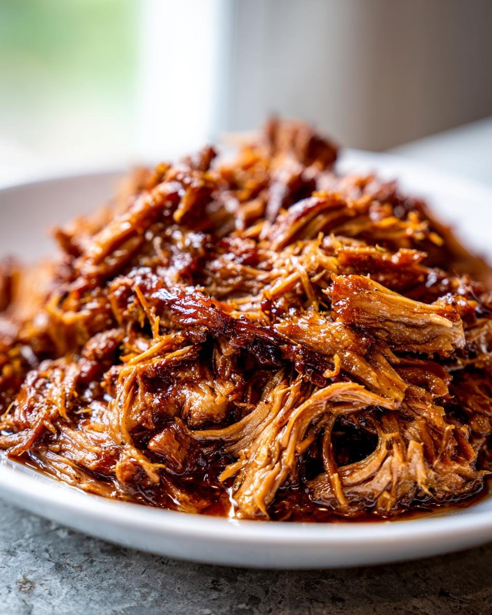Close-up of tender, shredded Braised Pork Shoulder coated in a rich, dark sauce served on a white plate.