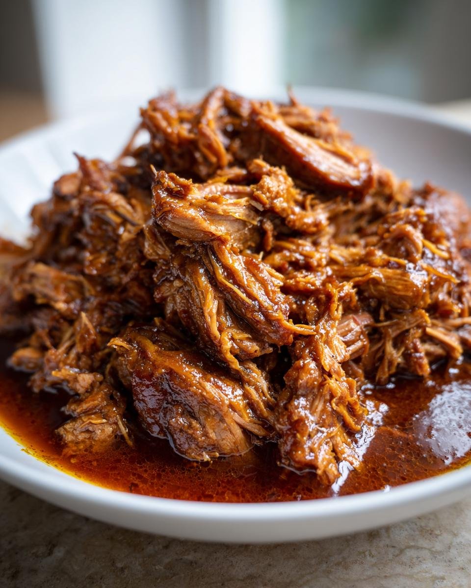 Close-up of tender, shredded Braised Pork Shoulder swimming in rich, dark brown sauce in a white bowl.