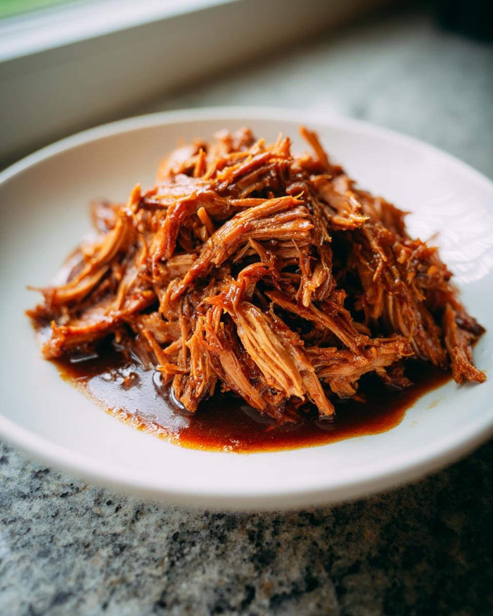 A close-up of tender, shredded Braised Pork Shoulder piled on a white plate with rich, dark sauce.