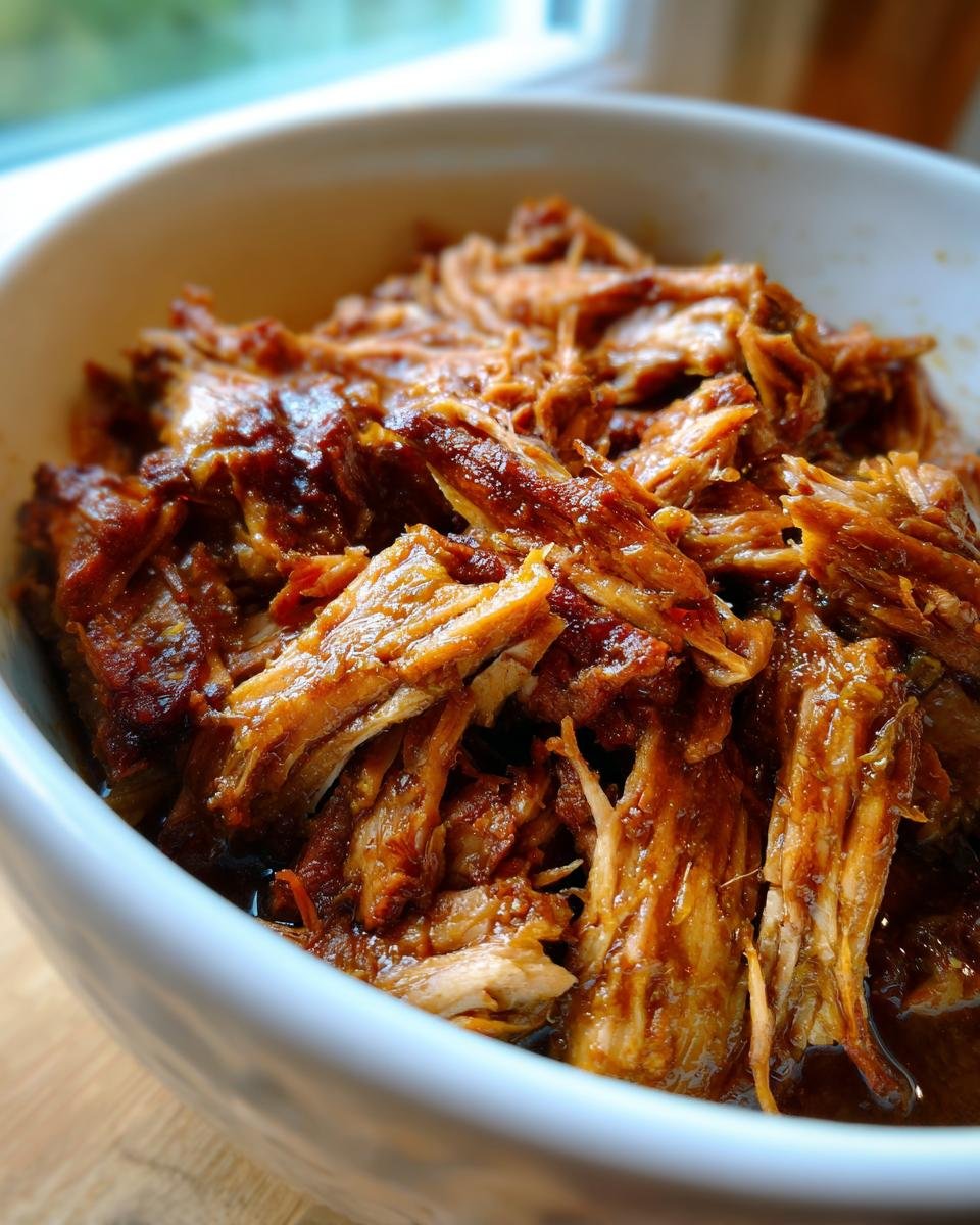 Close-up of tender, shredded pork loin coated in sauce, ready for Slow Cooker Pork Loin Chile Verde.