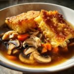 Close-up of Sizzling Rice Soup with crispy fried rice cakes, mushrooms, carrots, and shredded chicken.