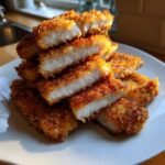 A stack of golden brown, crispy sliced Pork Katsu pieces showing the juicy white interior.