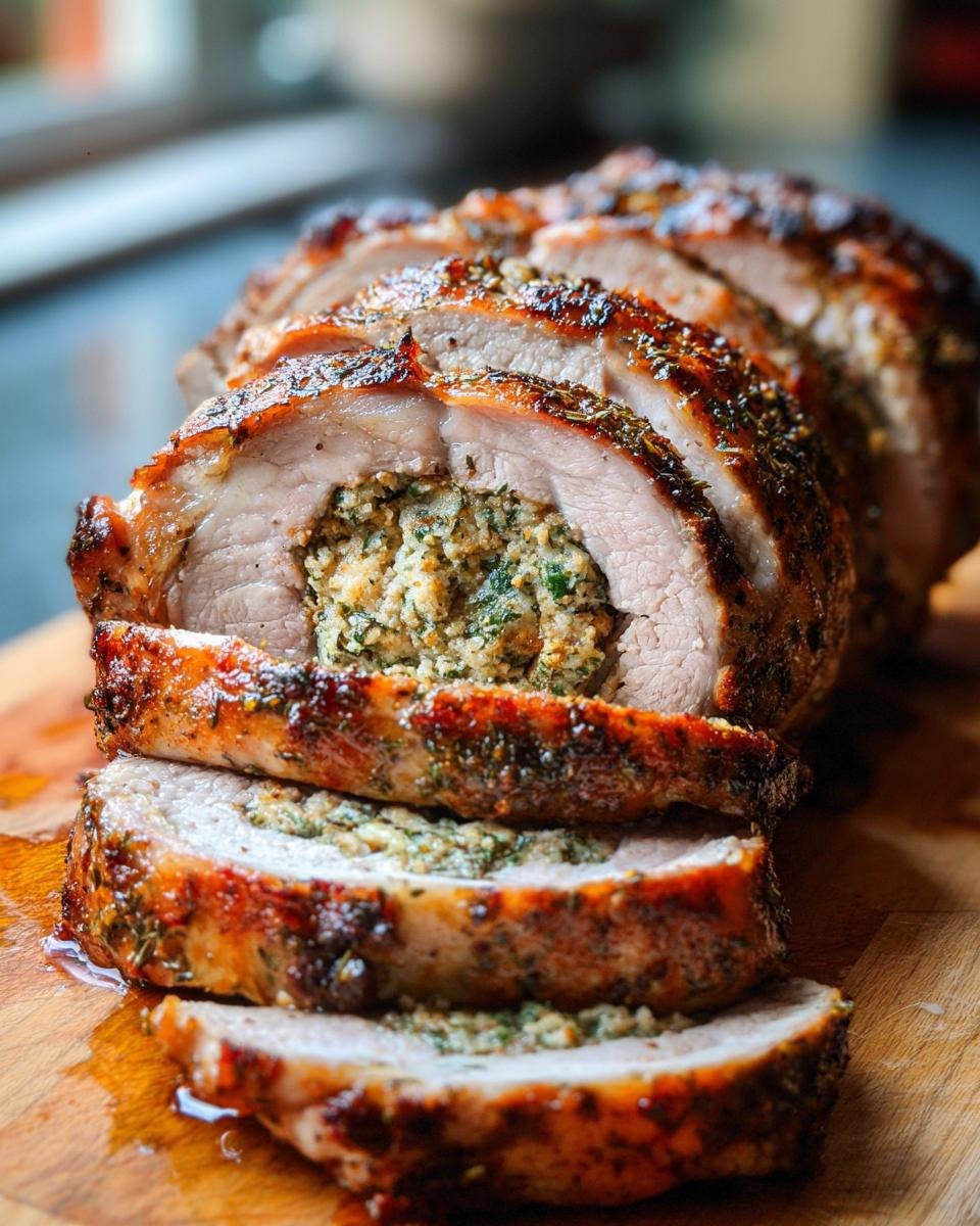 Close-up of sliced Stuffed Pork Loin with a savory herb and breadcrumb filling, resting on a wooden cutting board.