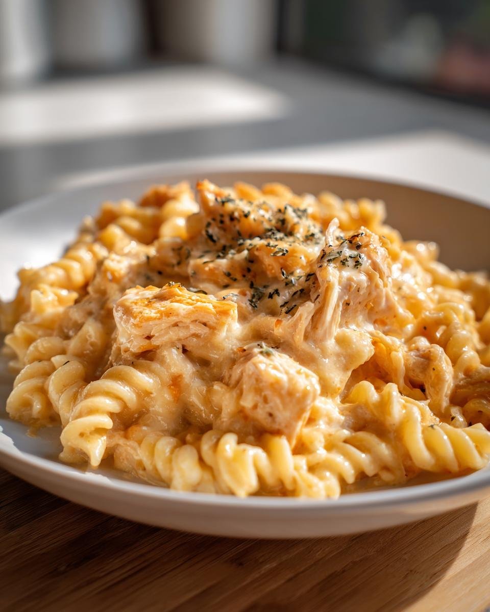 Close-up of a bowl filled with Slow Cooker Creamy Chicken Pasta, topped with dried herbs.