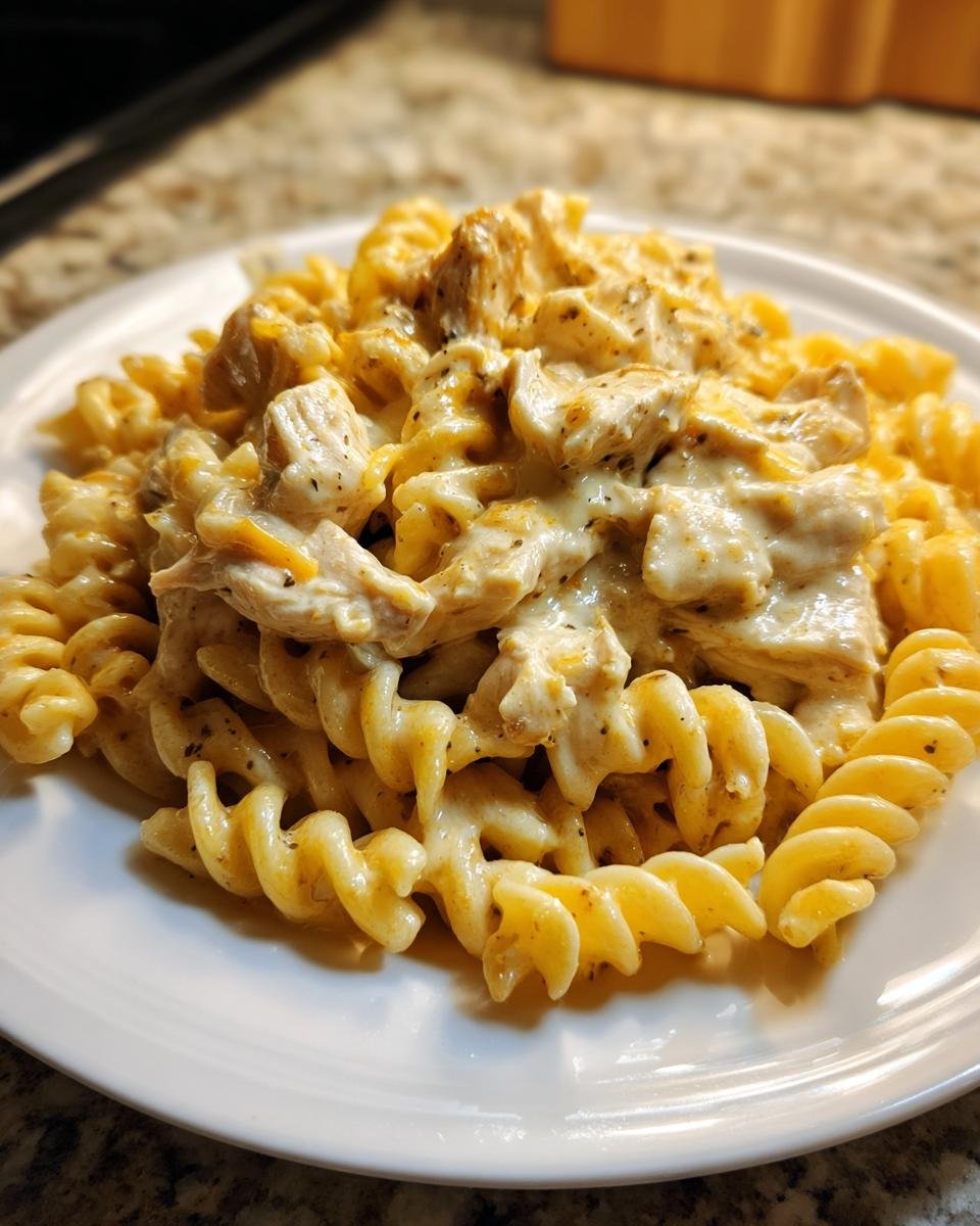 Close-up of a serving of Slow Cooker Creamy Chicken Pasta featuring rotini pasta and chunks of chicken in a rich sauce.