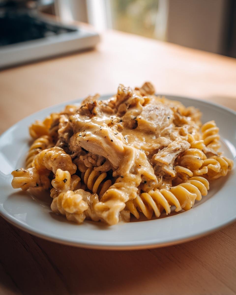 Close-up of a white plate filled with Slow Cooker Creamy Chicken Pasta featuring rotini noodles and shredded chicken in a rich sauce.