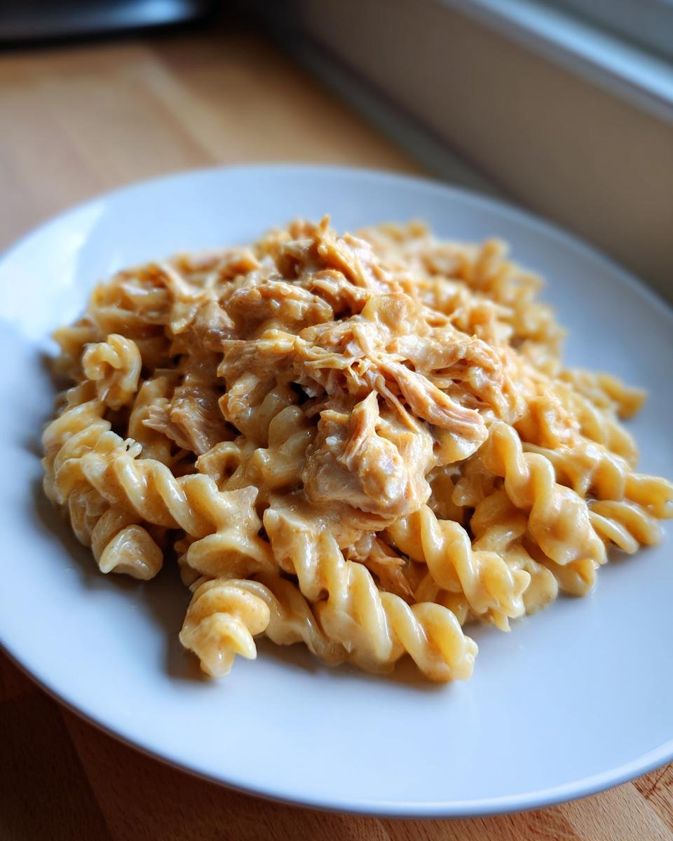 A close-up of a serving of Slow Cooker Creamy Chicken Pasta featuring fusilli pasta coated in a rich, orange-hued sauce with shredded chicken.
