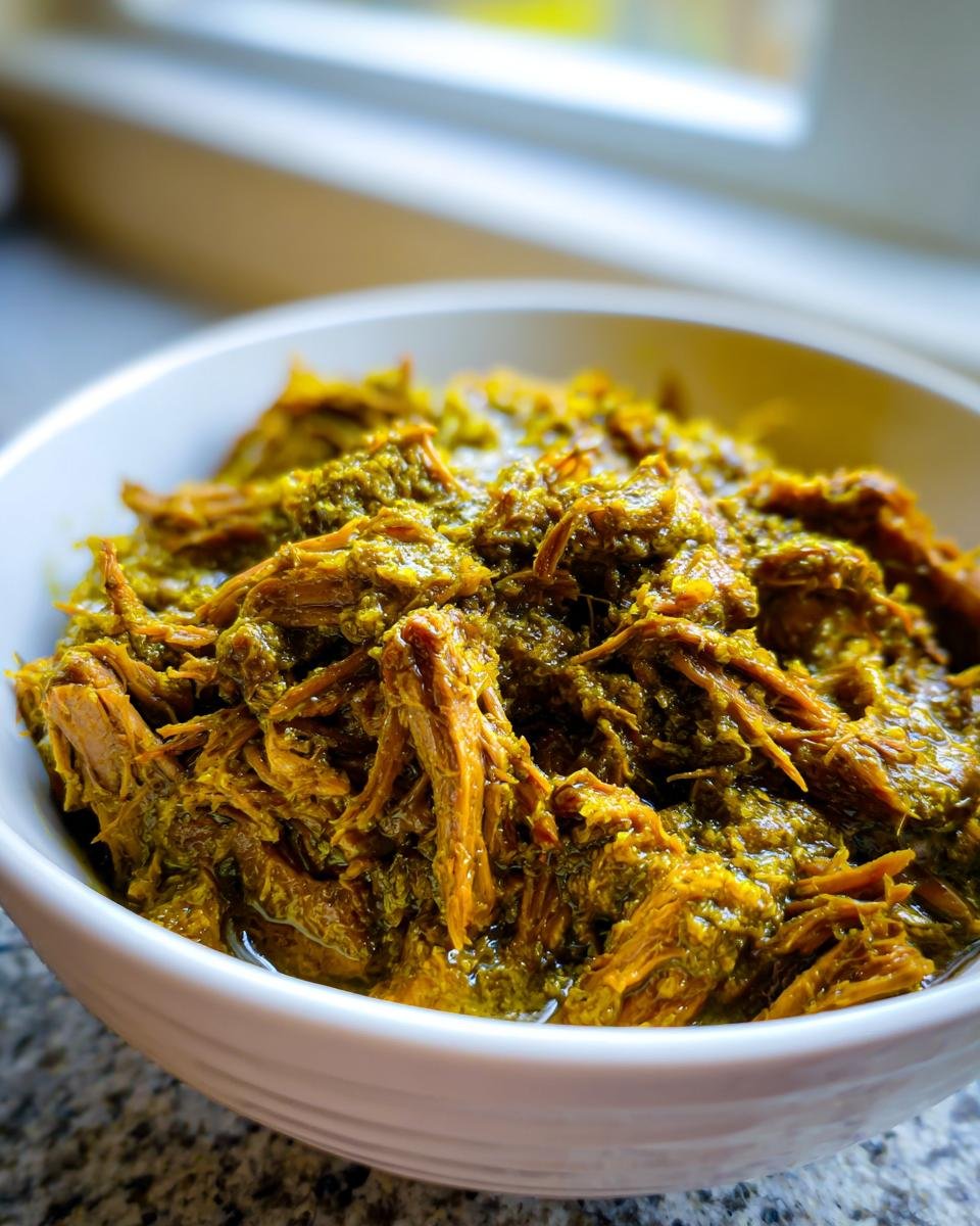 Close-up of shredded pork loin chile verde, rich in green sauce, served in a white bowl.