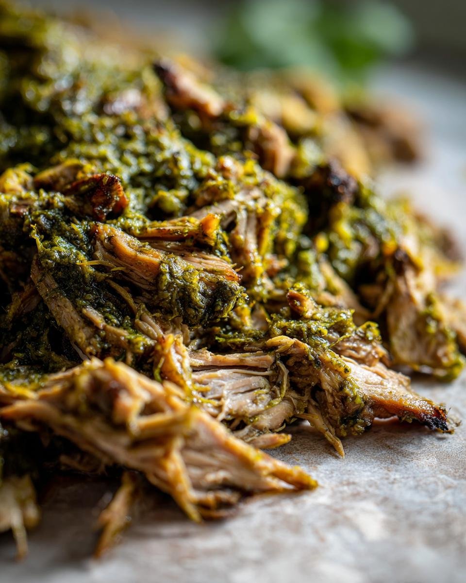 Close-up of tender, shredded pork loin coated in vibrant green chile verde sauce.