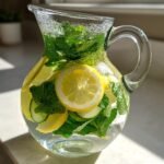 A clear glass pitcher filled with Spa Detox Water infused with lemon slices, cucumber, and fresh mint leaves.