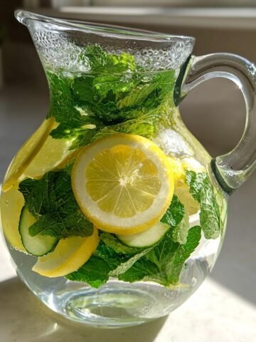A clear glass pitcher filled with Spa Detox Water infused with lemon slices, cucumber, and fresh mint leaves.