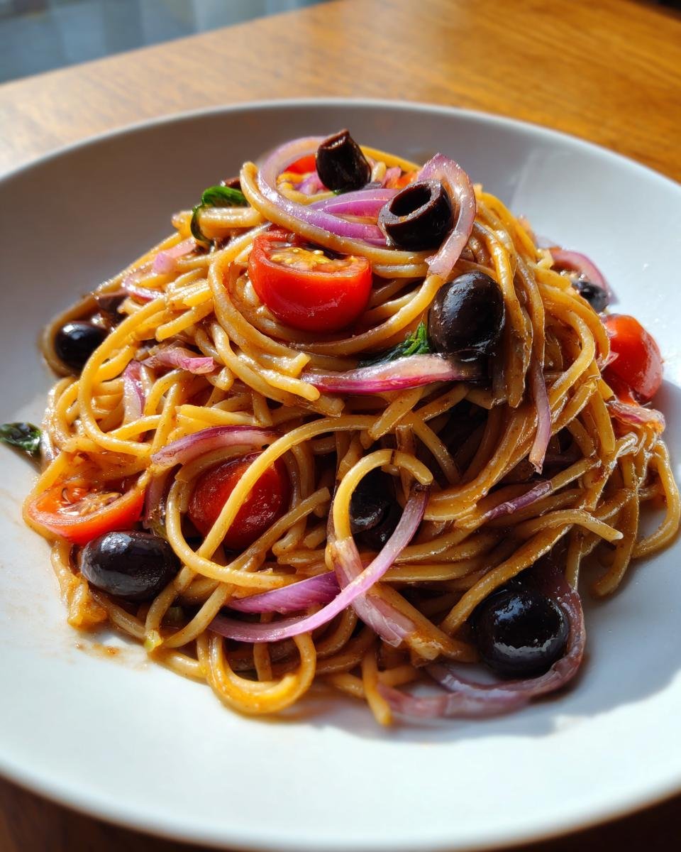 A close-up of a serving of Spaghetti Salad tossed with sliced red onions, halved cherry tomatoes, and black olives.