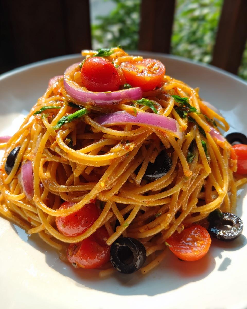 Close-up of a serving of bright, sauced Spaghetti Salad topped with cherry tomatoes, red onion slices, and black olives.
