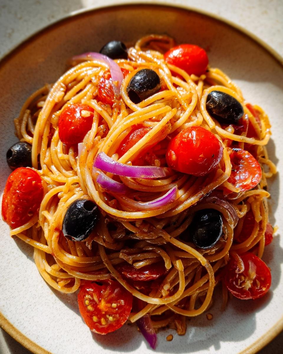 Close-up of a bowl of vibrant Spaghetti Salad mixed with cherry tomatoes, black olives, and red onion slices.