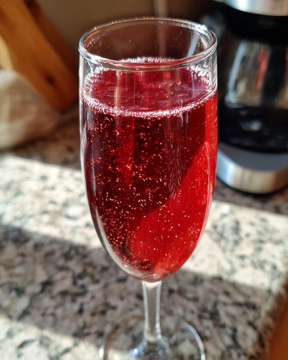 Close-up of a vibrant red, sparkling Chambord Bellini cocktail served in a champagne flute glass.