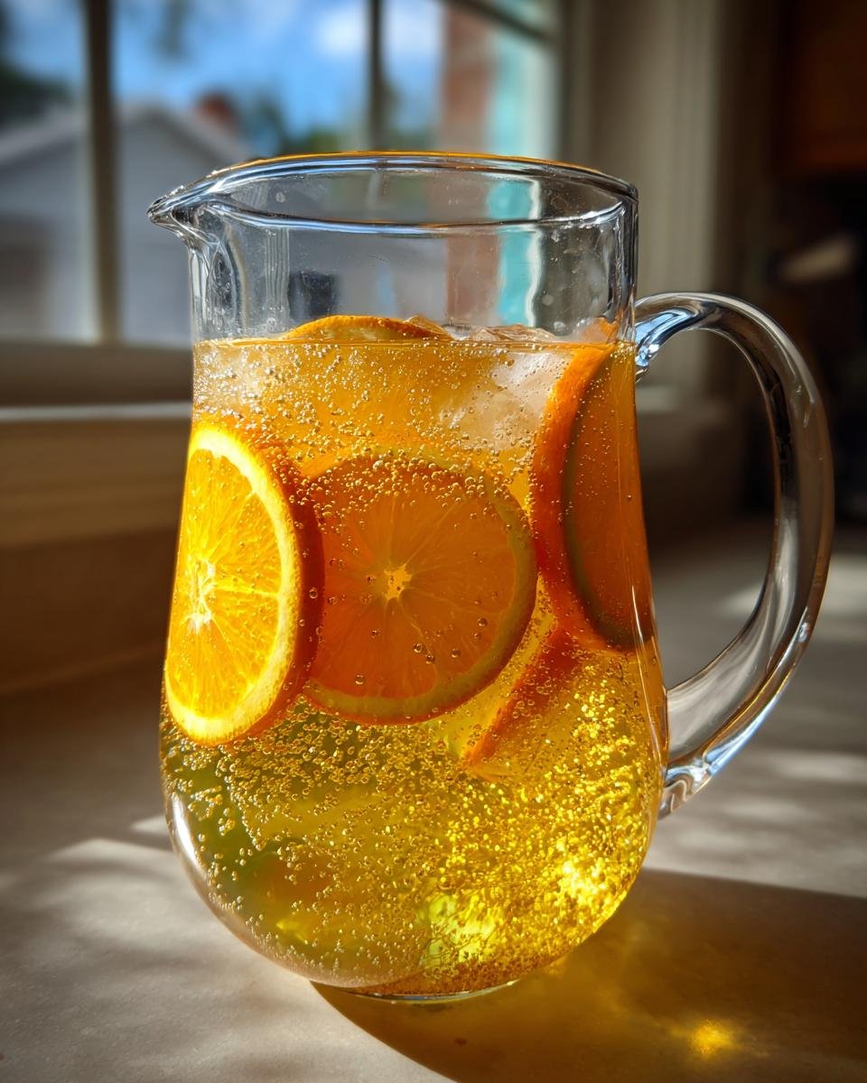 Close-up of a glass Mimosa Pitcher Cocktail filled with bubbly yellow liquid and fresh orange slices.