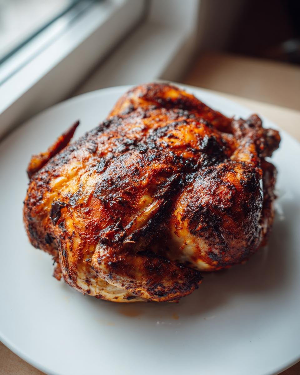 A whole, beautifully browned and crispy Spatchcock Grilled Chicken resting on a white plate near a window.
