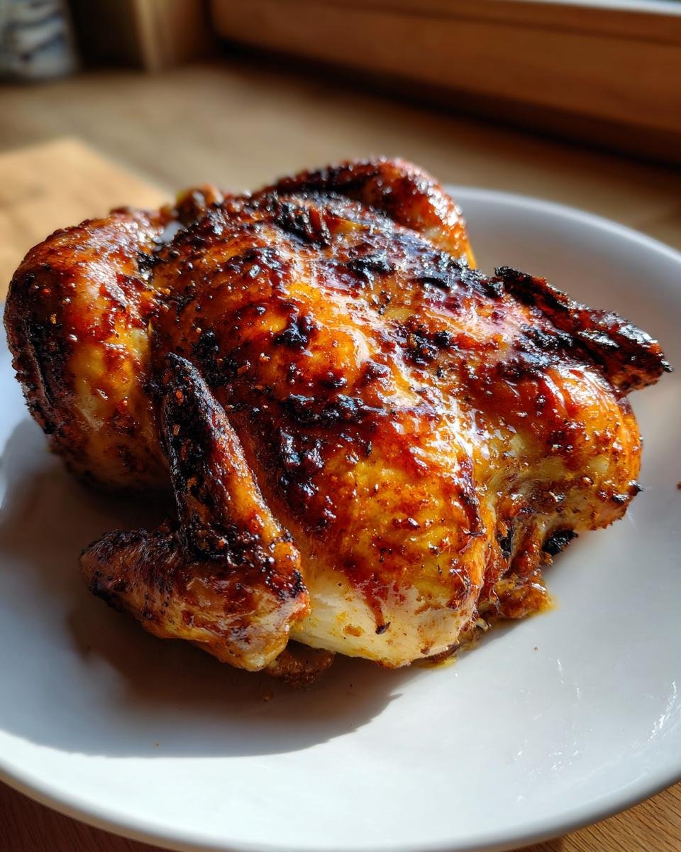 A beautifully browned and crispy whole Spatchcock Grilled Chicken resting on a white plate, glistening under natural light.