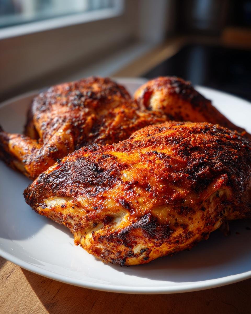 Close-up of a perfectly cooked Spatchcock Grilled Chicken, featuring crispy, dark red seasoned skin, resting on a white plate.