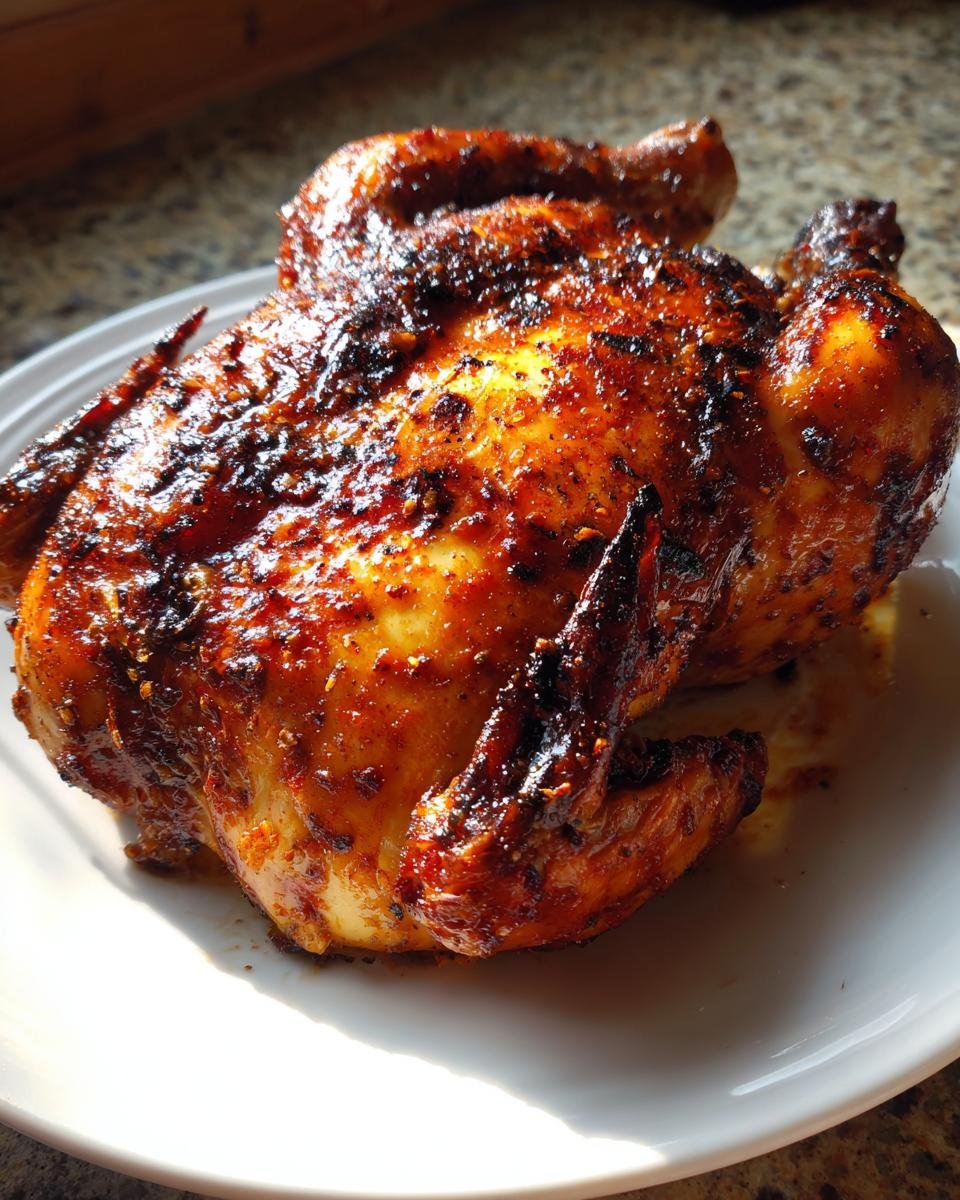 A whole, beautifully browned Spatchcock Grilled Chicken resting on a white plate, showing crispy, seasoned skin.