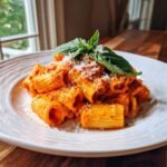 A close-up of Spicy Rigatoni Vodka pasta coated in a rich, creamy orange sauce, topped with grated cheese and fresh basil.