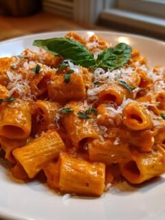 A close-up of a serving of Spicy Rigatoni Vodka pasta coated in a rich, orange-red sauce, topped with grated cheese and basil.