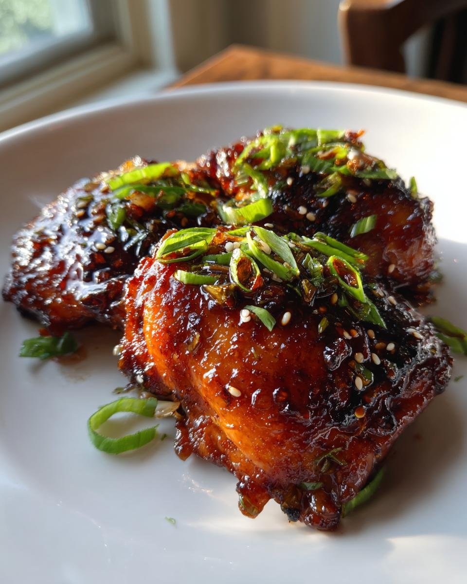 Close-up of two Spicy Sweet Sticky Chicken Thighs covered in a dark, glossy glaze and topped with sesame seeds and green onions.
