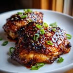 Two pieces of Spicy Sweet Sticky Chicken Thighs covered in a dark, glossy glaze, topped with sesame seeds and green onions.