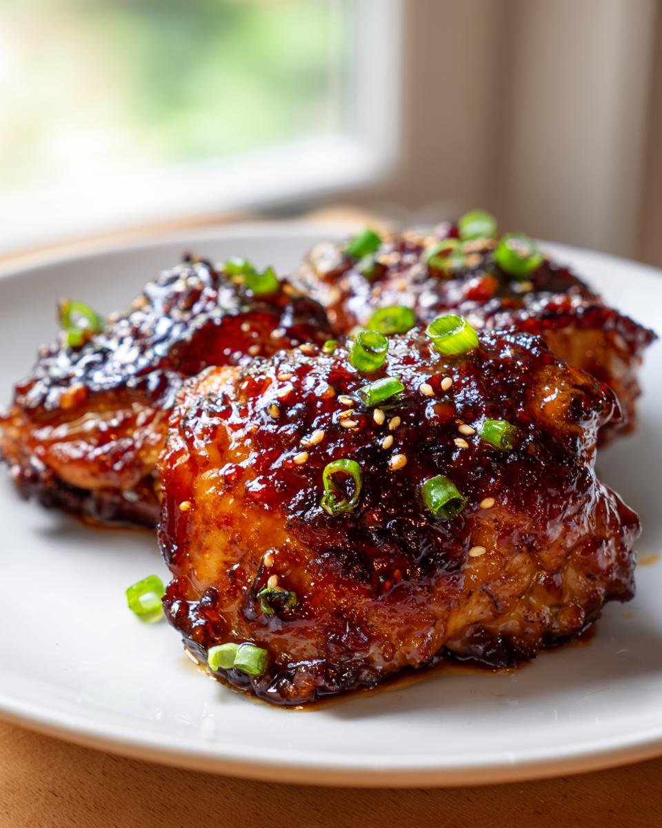 Close-up of three glossy Spicy Sweet Sticky Chicken Thighs coated in dark glaze and topped with sesame seeds and green onions.