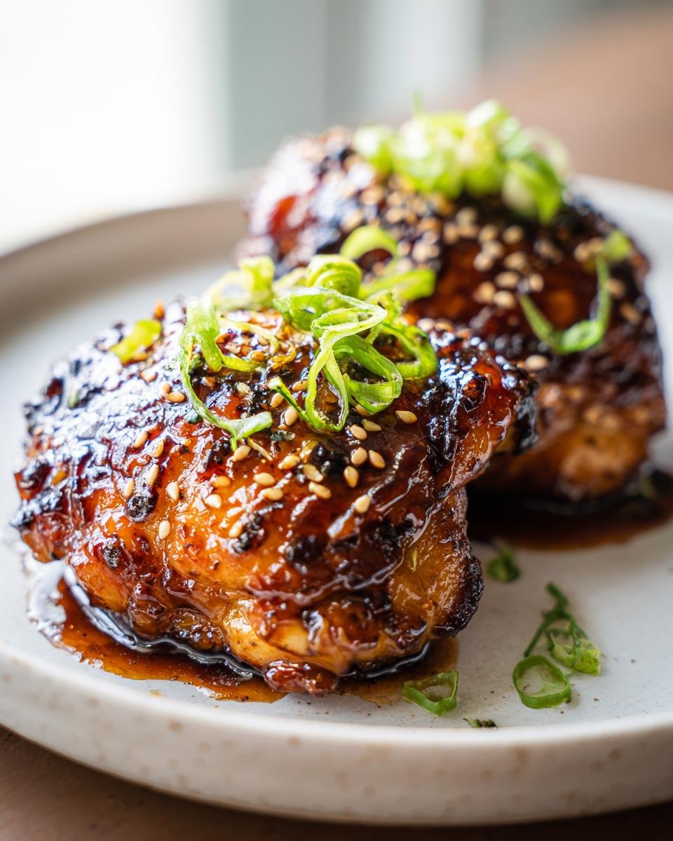 Two pieces of Spicy Sweet Sticky Chicken Thighs coated in a dark, glossy sauce and topped with sesame seeds and green onions.