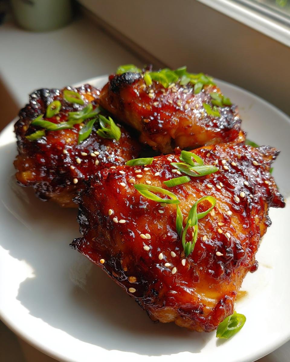 Three pieces of Spicy Sweet Sticky Chicken Thighs covered in a dark, glossy glaze, topped with sesame seeds and sliced green onions.
