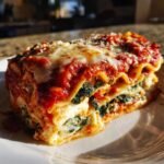 A thick, layered slice of Spinach Four Cheese Ravioli Lasagna topped with melted cheese and marinara sauce.