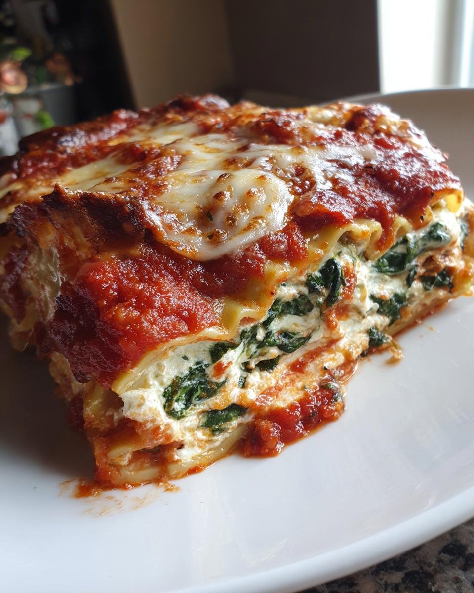 A close-up of a hearty slice of Spinach Four Cheese Ravioli Lasagna layered with cheese filling, spinach, and topped with melted mozzarella and marinara sauce.
