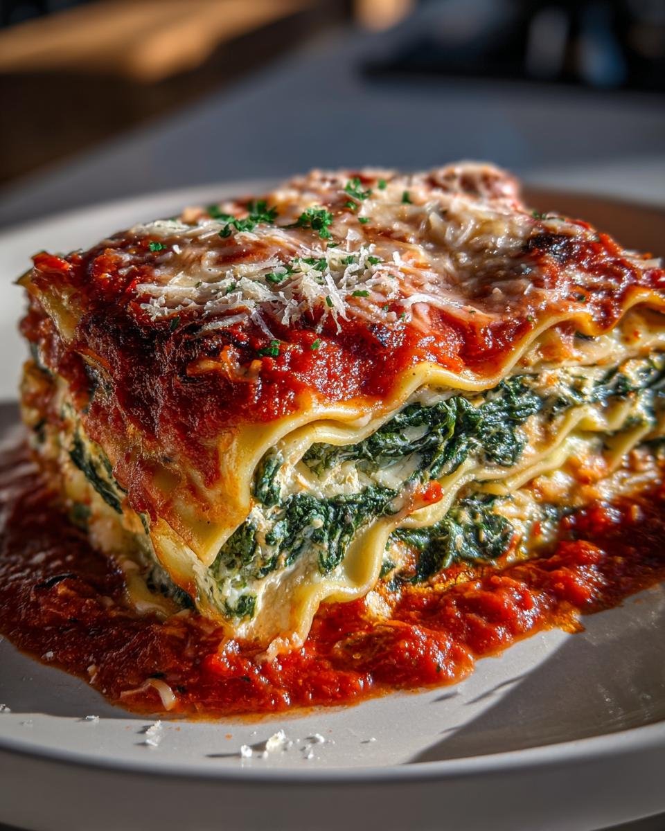 A close-up, appetizing slice of Spinach Four Cheese Ravioli Lasagna layered with pasta, spinach filling, and rich tomato sauce.