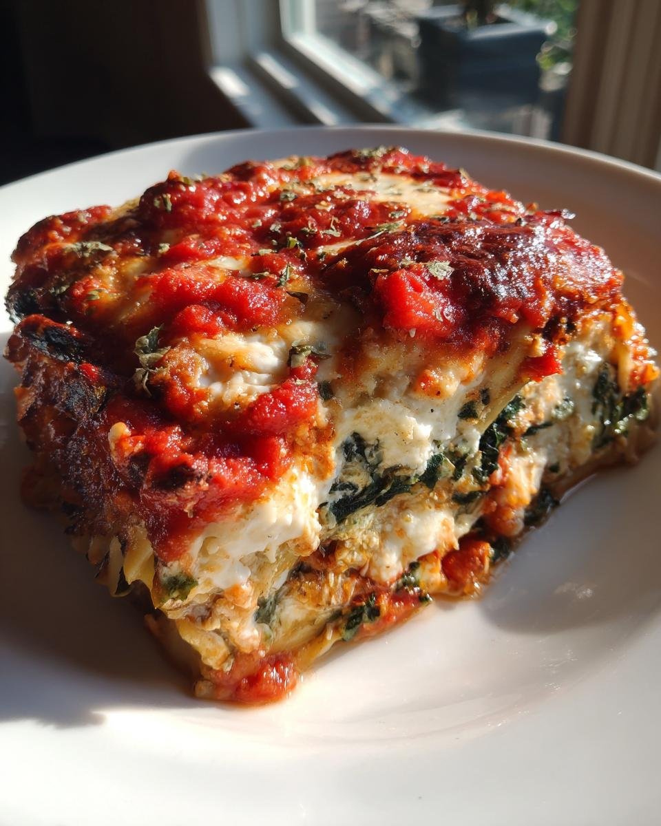 A generous slice of Spinach Four Cheese Ravioli Lasagna showing layers of pasta, ricotta, spinach, and topped with rich tomato sauce.