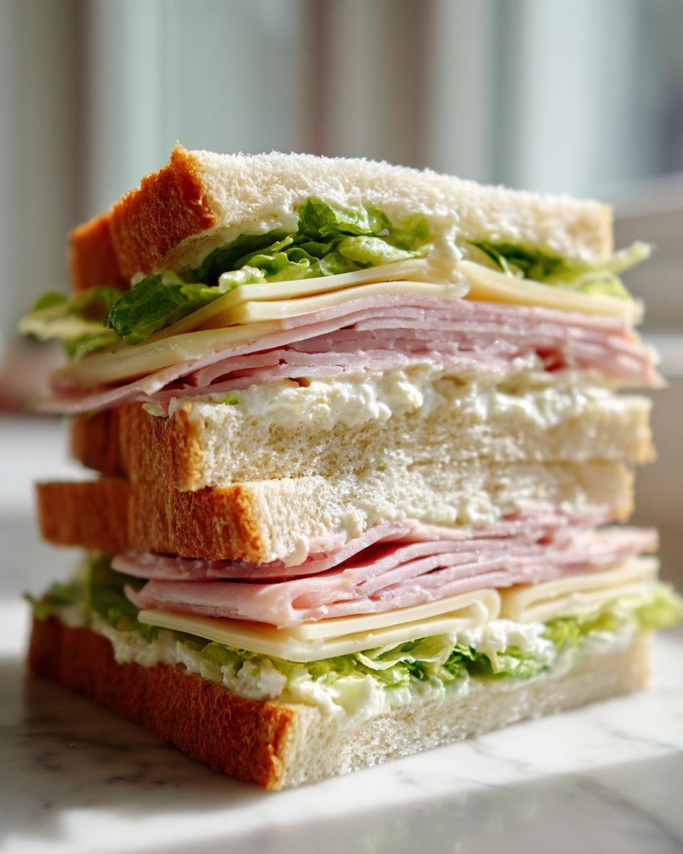 A tall, stacked sandwich featuring ham, cheese, lettuce, and creamy spread on white bread, perfect for picnic sandwiches.