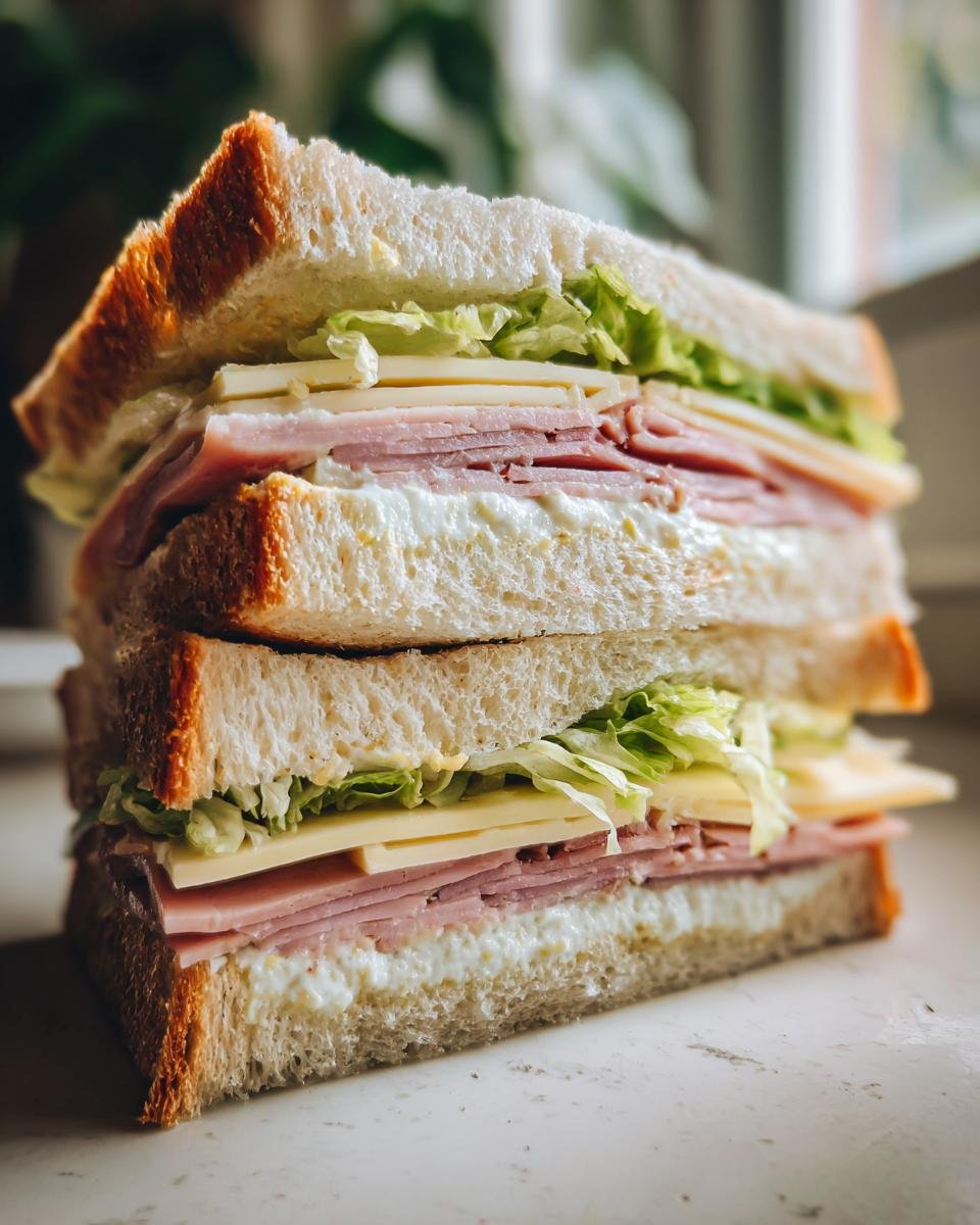 Close-up of a tall, stacked ham and cheese Picnic Sandwiches with lettuce and creamy spread on white bread.