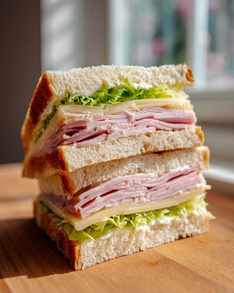 A tall stack of two ham and cheese Picnic Sandwiches with lettuce and mayonnaise on white bread, sitting on a wooden board.