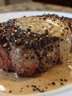 Close-up of a thick-cut steak crusted with peppercorns, covered in creamy sauce, a perfect Steak Au Poivre.
