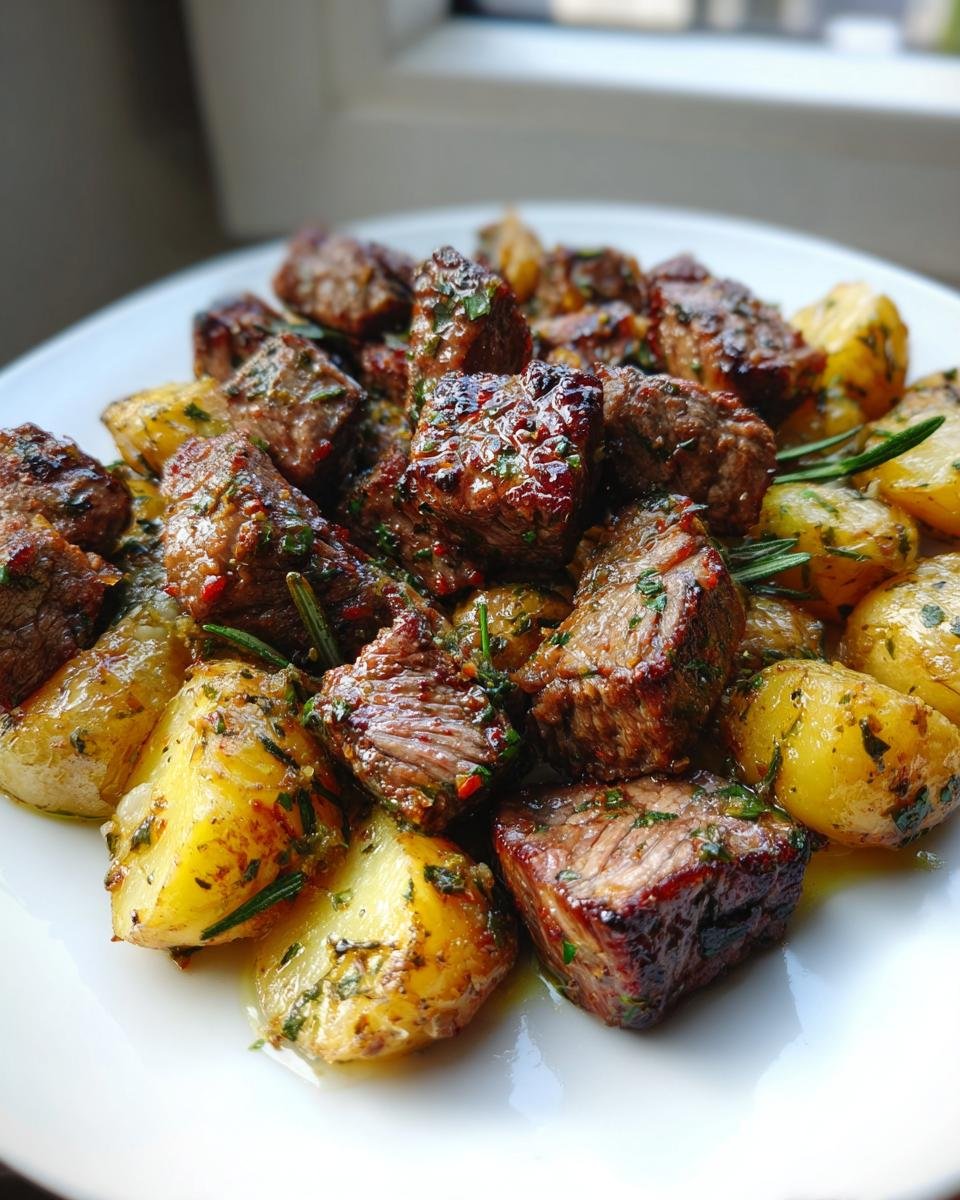 Juicy, seared Steak Bites With Potatoes seasoned with herbs and garlic, served on a white plate.