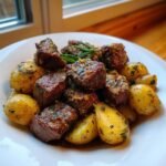 A close-up of juicy Steak Bites With Potatoes seasoned with herbs and garlic on a white plate.