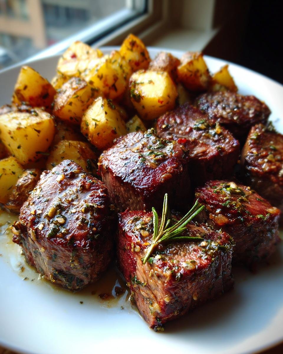 Close-up of perfectly cooked Steak Bites With Potatoes, garnished with fresh rosemary on a white plate.