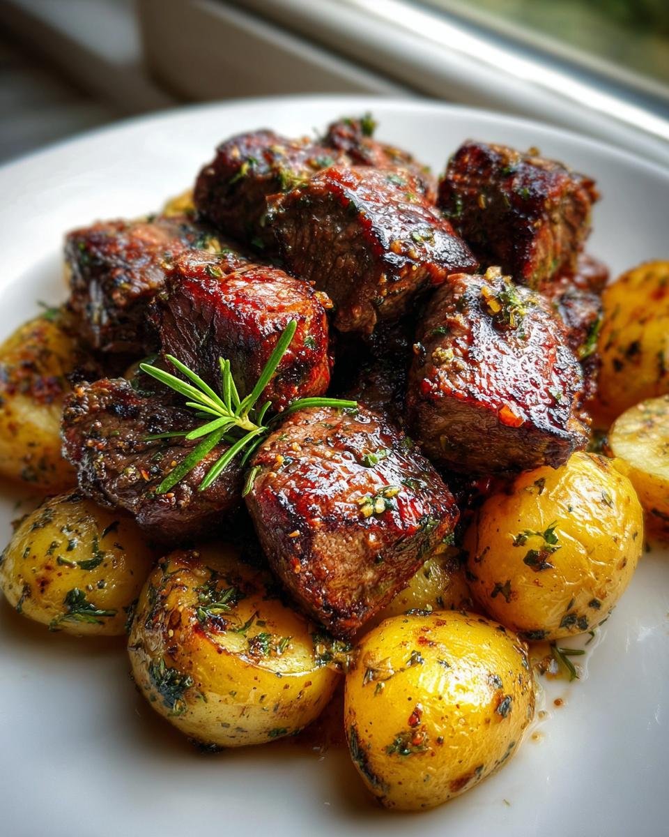 Close-up of seared Steak Bites With Potatoes, glistening with sauce and garnished with fresh rosemary.