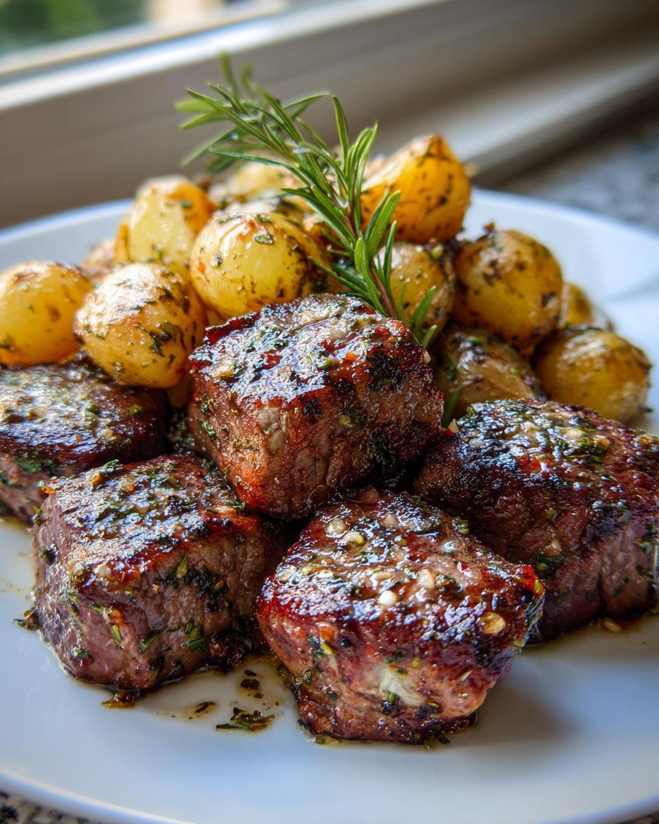 Close-up of perfectly seared Steak Bites With Potatoes, glistening with herbs and topped with fresh rosemary.