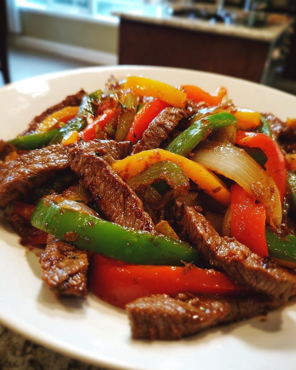 A close-up of vibrant Steak Fajitas featuring seasoned steak strips mixed with red, green, and yellow bell peppers and onions.