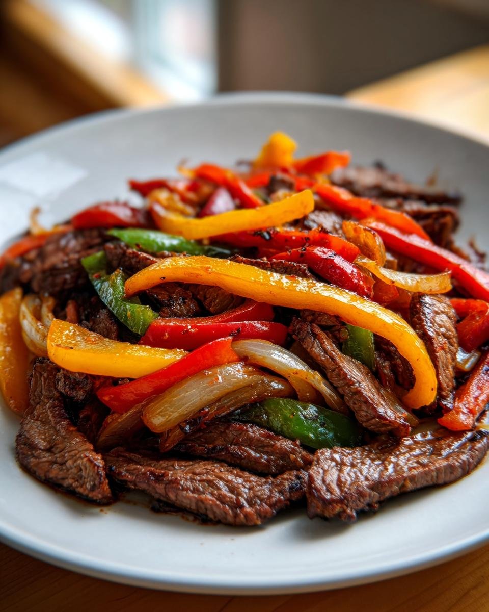 Close-up of sizzling Steak Fajitas featuring sliced steak, red, yellow, and green bell peppers, and onions on a white plate.