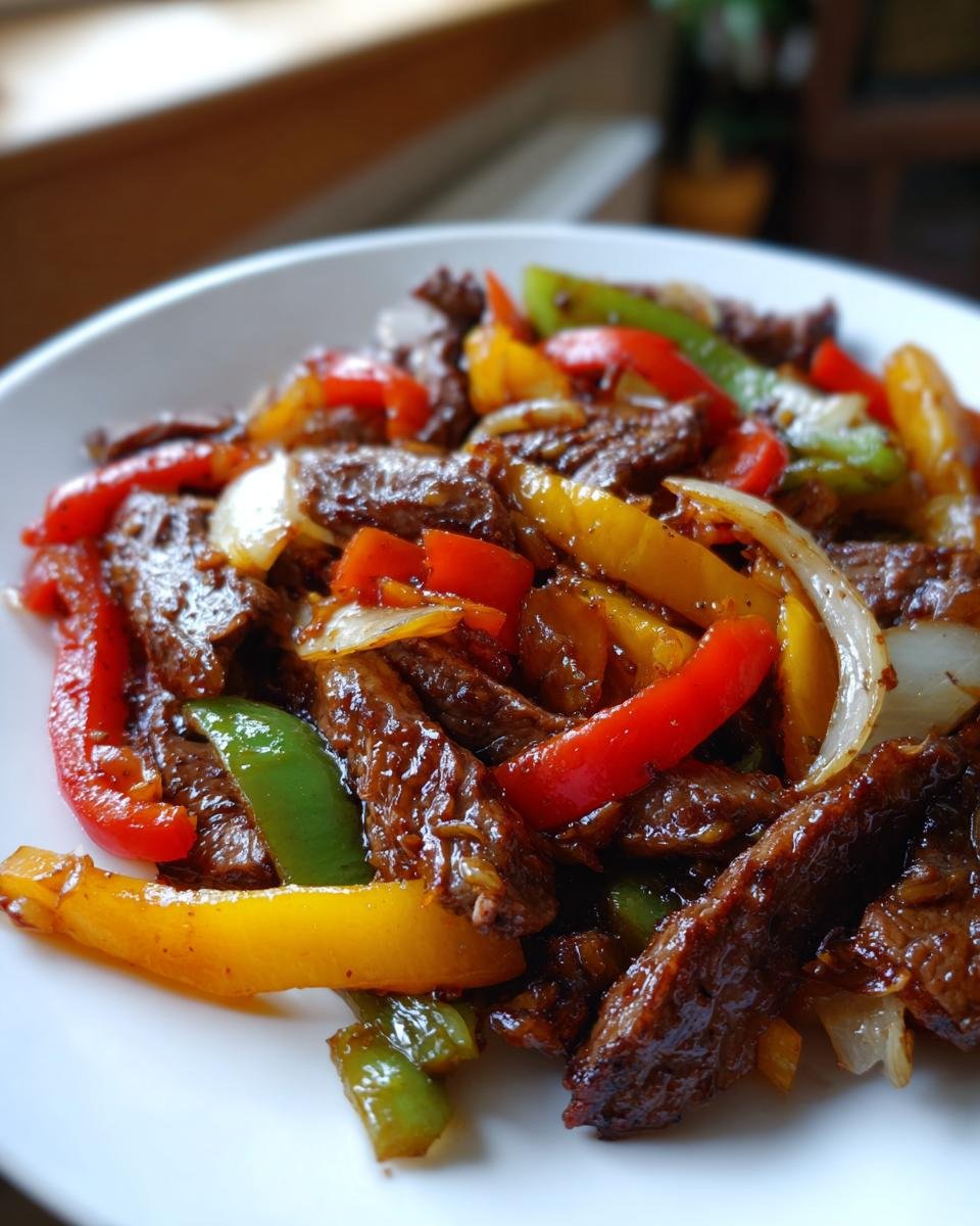Close-up of perfectly cooked Steak Fajitas featuring strips of marinated steak mixed with vibrant red, yellow, and green bell peppers and onions.