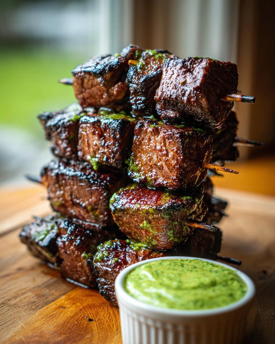 A stack of grilled Steak Mushroom Kabobs drizzled with green sauce, next to a ramekin of mint yogurt dip.
